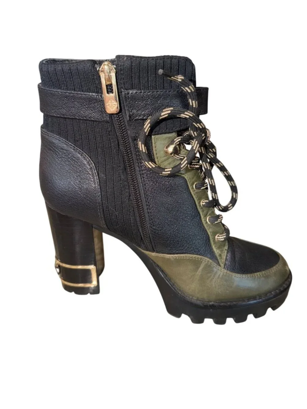 Antonio Melani Lug Sole Leather Lace-Up Ankle Boots Black/Green Womens 8 Modern